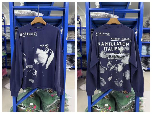 ERD German Vintage WWII Document Dual Print Washed Indigo Blue Long Sleeve T-shirt