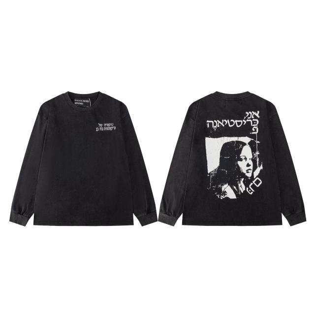 ERD Enfants Riches Déprimés Hebrew Script Female Portrait Dual Print Vintage Washed Black Long Sleeve Tee