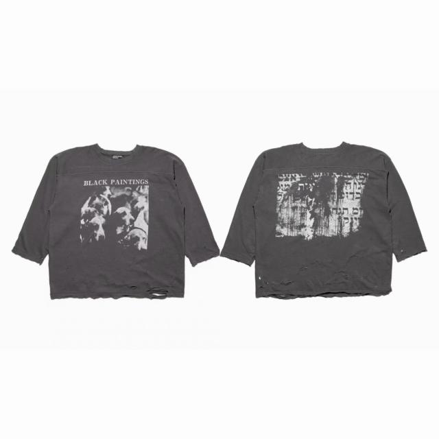 ERD Black Paintings Abstract Face Single Print Washed Black Distressed Long Sleeve T-shirt