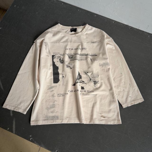 ERD One Class Act Dual Print Off White Vintage Distressed Long Sleeve T-shirt