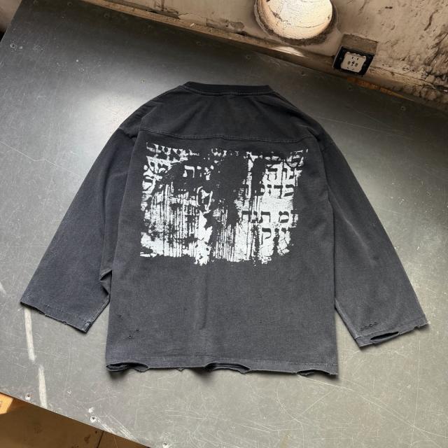 ERD Black Paintings Abstract Face Single Print Washed Black Distressed Long Sleeve T-shirt