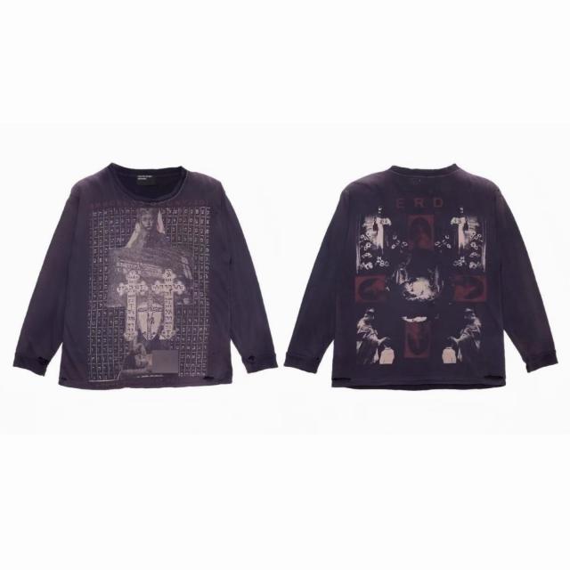 ERD Enfants Riches Déprimés Vintage Religious Script Cross Figure Dual Print Distressed Washed Black Long Sleeve Tee