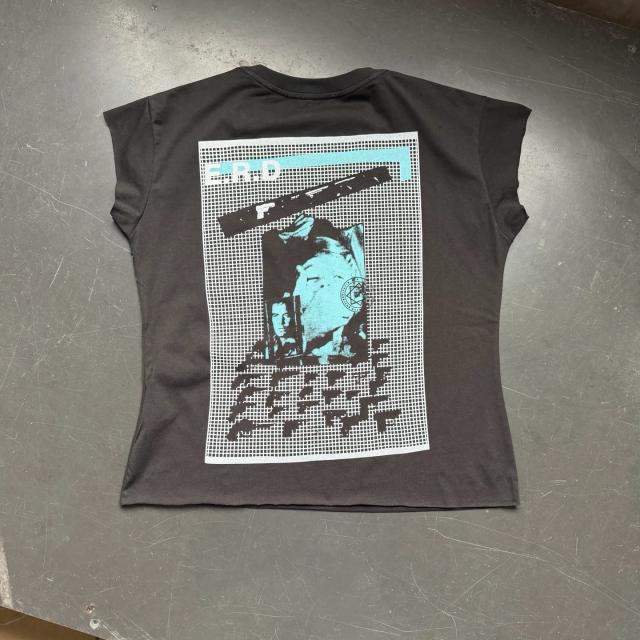 ERD Enfants Riches Déprimés Cyan Mesh Zine Collage Dual Print Cutoff Sleeveless Dark Grey Tank Top