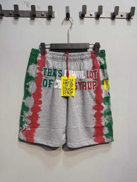 Side Red Green Blot Tie Dye Panel Front Bold Outline Text Back Large Vertical Letter Print Shorts 2 colors 29355958