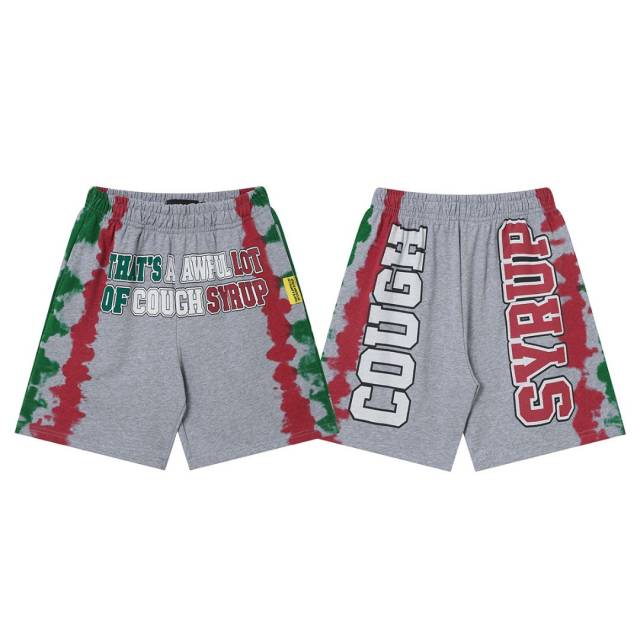 Side Red Green Blot Tie Dye Panel Front Bold Outline Text Back Large Vertical Letter Print Shorts 2 colors 29355958