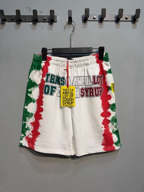 Side Red Green Blot Tie Dye Panel Front Bold Outline Text Back Large Vertical Letter Print Shorts 2 colors 29355958