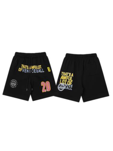 Two-Tone Yellow Pink Letter Number Print Elastic Drawstring Loose Cotton Sweat Shorts 29356460