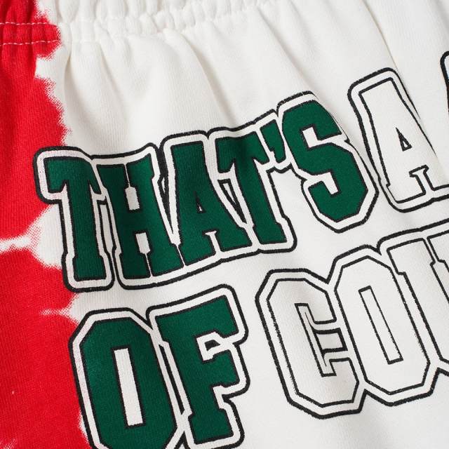Side Red Green Blot Tie Dye Panel Front Bold Outline Text Back Large Vertical Letter Print Shorts 2 colors 29355958