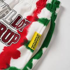 Side Red Green Blot Tie Dye Panel Front Bold Outline Text Back Large Vertical Letter Print Shorts 2 colors 29355958