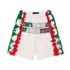 Side Red Green Blot Tie Dye Panel Front Bold Outline Text Back Large Vertical Letter Print Shorts 2 colors 29355958