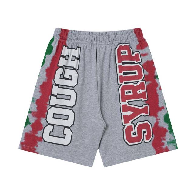 Side Red Green Blot Tie Dye Panel Front Bold Outline Text Back Large Vertical Letter Print Shorts 2 colors 29355958