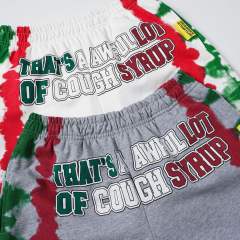 Side Red Green Blot Tie Dye Panel Front Bold Outline Text Back Large Vertical Letter Print Shorts 2 colors 29355958