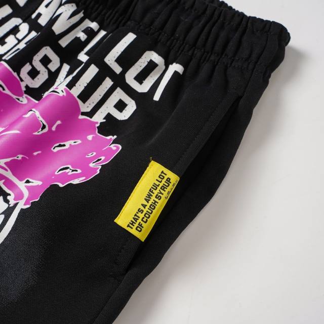 Front Pink Graffiti Letter Print Elastic Drawstring Loose Cotton Sweat Shorts 29356458