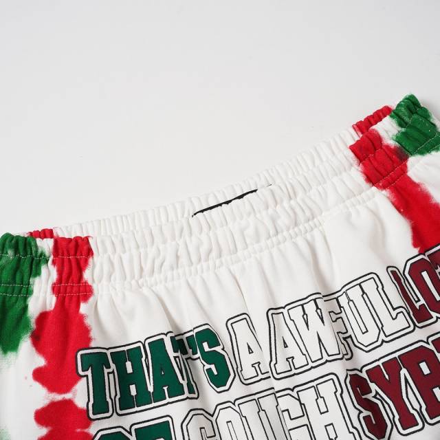 Side Red Green Blot Tie Dye Panel Front Bold Outline Text Back Large Vertical Letter Print Shorts 2 colors 29355958