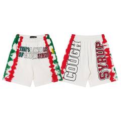 Side Red Green Blot Tie Dye Panel Front Bold Outline Text Back Large Vertical Letter Print Shorts 2 colors 29355958