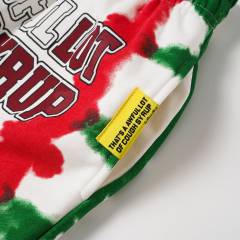 Side Red Green Blot Tie Dye Panel Front Bold Outline Text Back Large Vertical Letter Print Shorts 2 colors 29355958