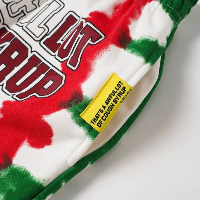 Side Red Green Blot Tie Dye Panel Front Bold Outline Text Back Large Vertical Letter Print Shorts 2 colors 29355958