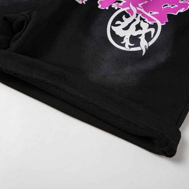 Front Pink Graffiti Letter Print Elastic Drawstring Loose Cotton Sweat Shorts 29356458