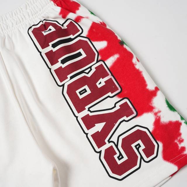 Side Red Green Blot Tie Dye Panel Front Bold Outline Text Back Large Vertical Letter Print Shorts 2 colors 29355958