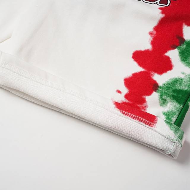 Side Red Green Blot Tie Dye Panel Front Bold Outline Text Back Large Vertical Letter Print Shorts 2 colors 29355958