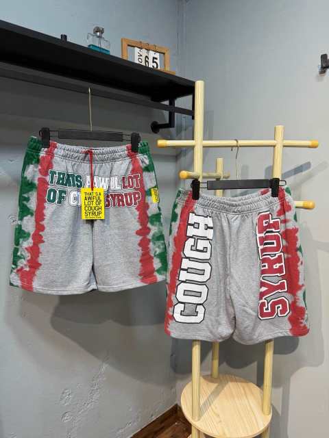 Side Red Green Blot Tie Dye Panel Front Bold Outline Text Back Large Vertical Letter Print Shorts 2 colors 29355958