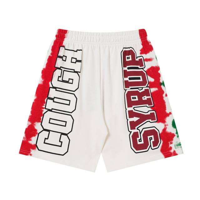 Side Red Green Blot Tie Dye Panel Front Bold Outline Text Back Large Vertical Letter Print Shorts 2 colors 29355958