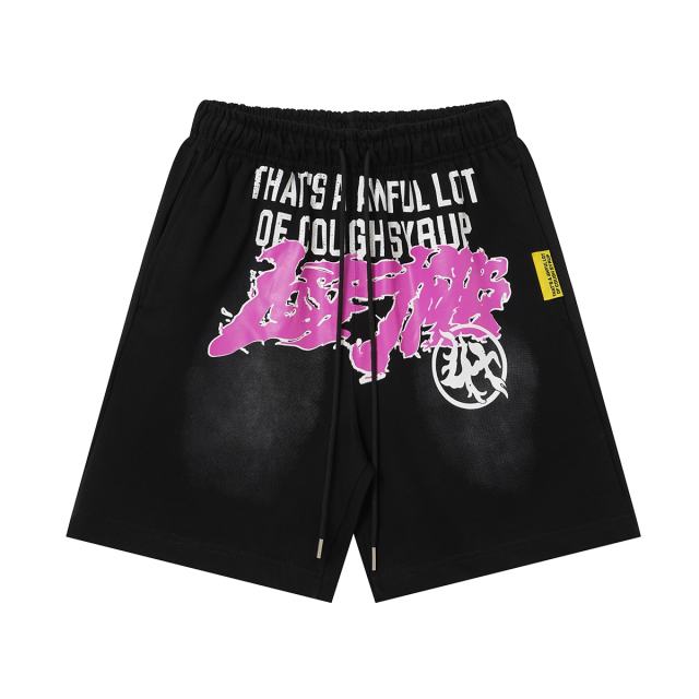 Front Pink Graffiti Letter Print Elastic Drawstring Loose Cotton Sweat Shorts 29356458