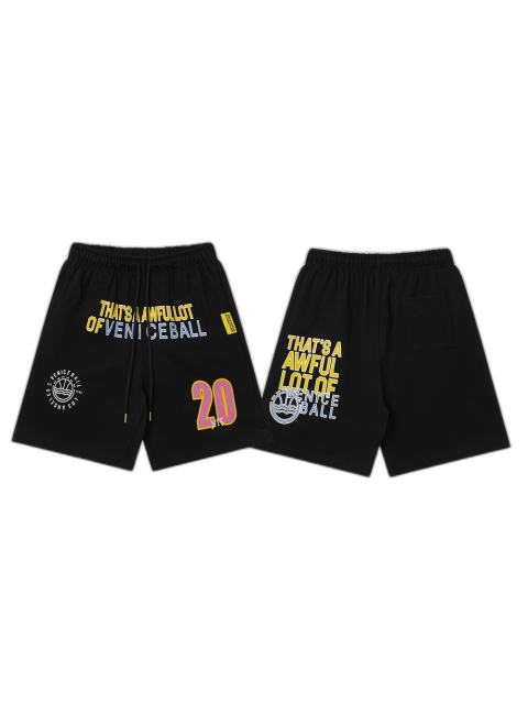 Two-Tone Yellow Pink Letter Number Print Elastic Drawstring Loose Cotton Sweat Shorts 29356460