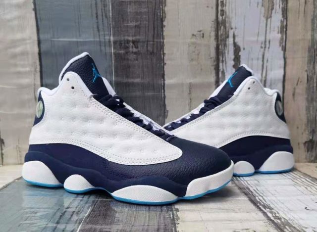 [plus-size shoes] Air @j13 Retro  Obsidian  Leather Round Toe Lace-Up GS White and Blue High-Top Basketball Shoes 29324195