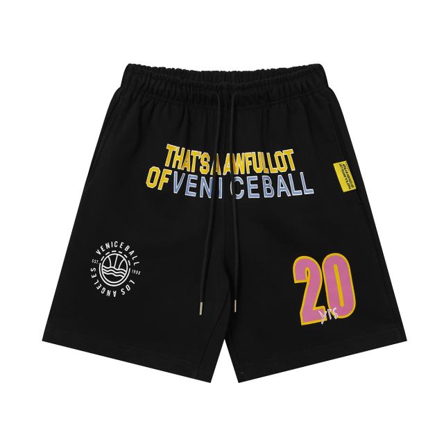 Two-Tone Yellow Pink Letter Number Print Elastic Drawstring Loose Cotton Sweat Shorts 29356460