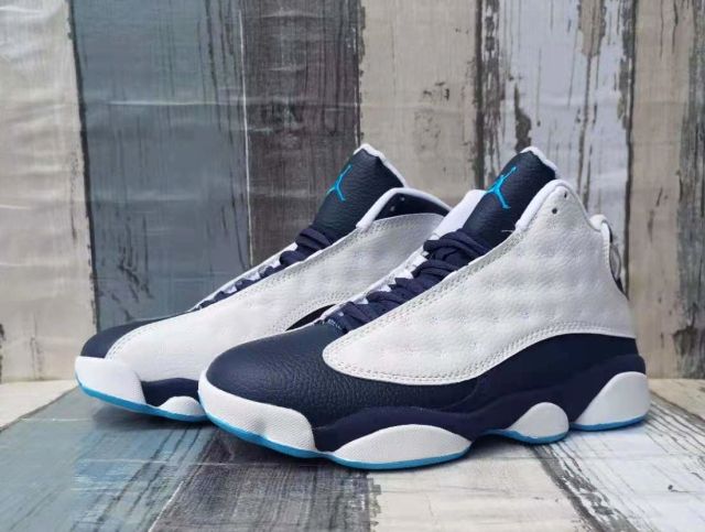 [plus-size shoes] Air @j13 Retro  Obsidian  Leather Round Toe Lace-Up GS White and Blue High-Top Basketball Shoes 29324195