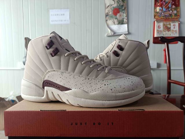 [plus-size shoes] Air Jordαn 12 Retro Off White Burgundy Speckled Print Leather Shock Absorbing High Top Basketball Shoes 29284102