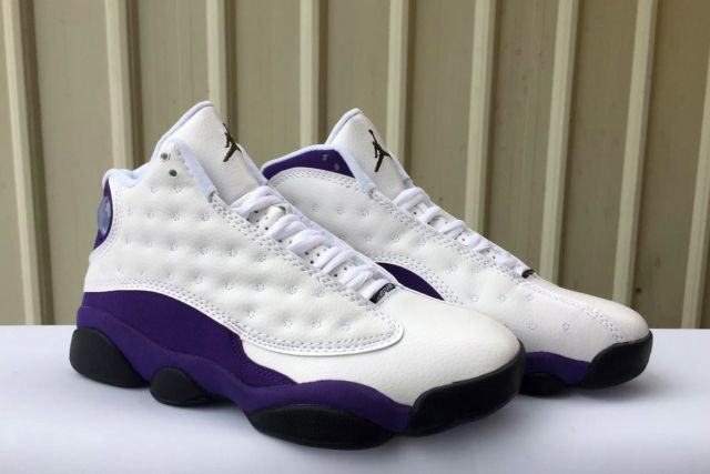 [plus-size shoes] Air @j13 Retro PU Purple and Gold Lakers White Purple Color Block Unisex Cushioned High-Top Basketball Shoes 29323963