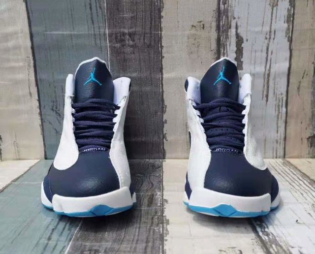 [plus-size shoes] Air @j13 Retro  Obsidian  Leather Round Toe Lace-Up GS White and Blue High-Top Basketball Shoes 29324195