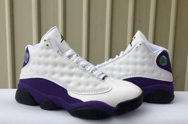 [plus-size shoes] Air @j13 Retro PU Purple and Gold Lakers White Purple Color Block Unisex Cushioned High-Top Basketball Shoes 29323963