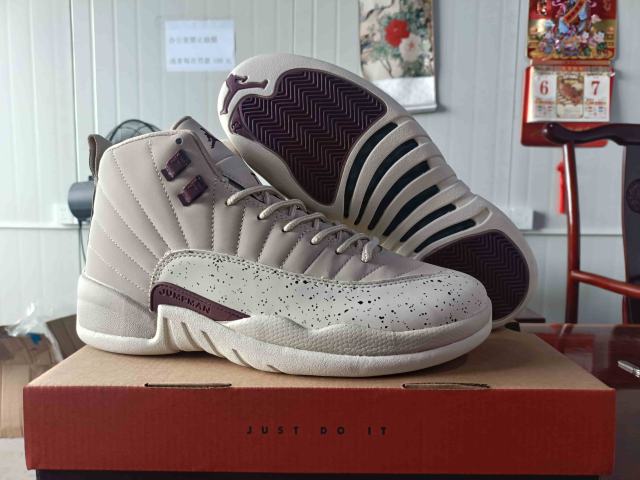 [plus-size shoes] Air Jordαn 12 Retro Off White Burgundy Speckled Print Leather Shock Absorbing High Top Basketball Shoes 29284102