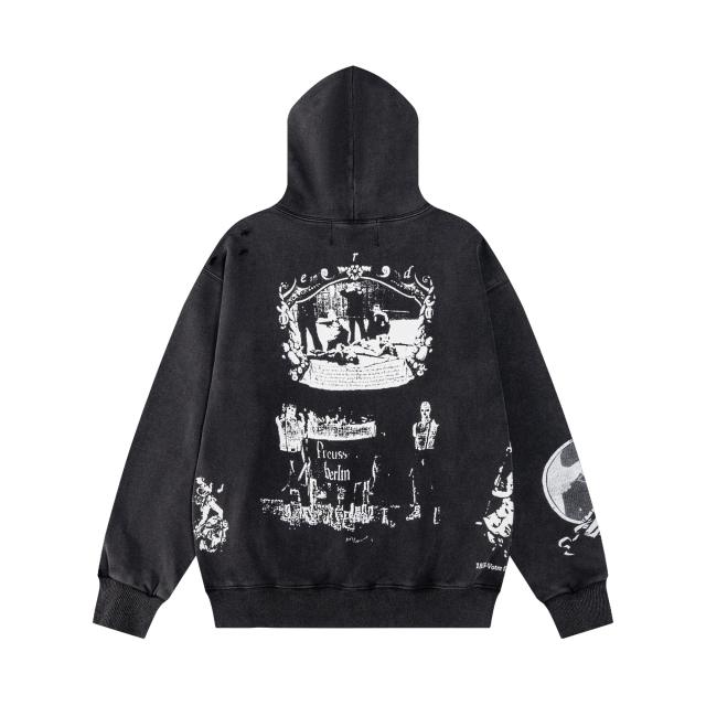 ERD Distressed Washed Black French Quote Napoleon Print Hoodie Vintage  Streetwear Hooded Sweatshir