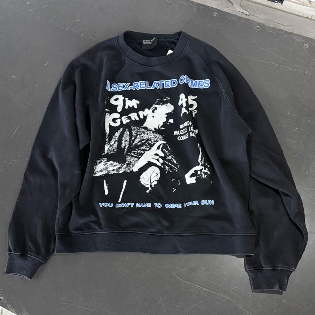 ERD VWashed Black Raglan Crewneck Pullover ERD Crime Figure Graphic Streetwear Sweatshirt
