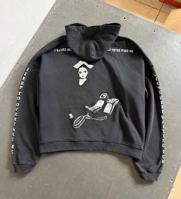 ERD Vintage Washed Black Cropped Hoodie Horror Graphic Streetwear Pullover