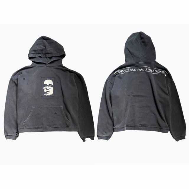 ERD Vintage Washed Black Distressed Hoodie Patch Portrait Graphic Cropped Grunge Hoodie