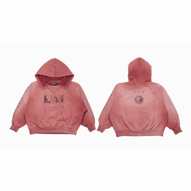 ERD Vintage Destroyed Red Graphic Hoodie Retro Streetwear Pullover