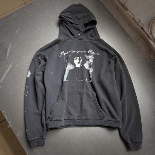 ERD Washed Black Paint Splatter Hoodie Gothic Portrait Graphic Grunge Streetwear Hoodie