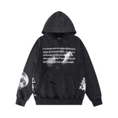ERD Distressed Washed Black French Quote Napoleon Print Hoodie Vintage  Streetwear Hooded Sweatshir