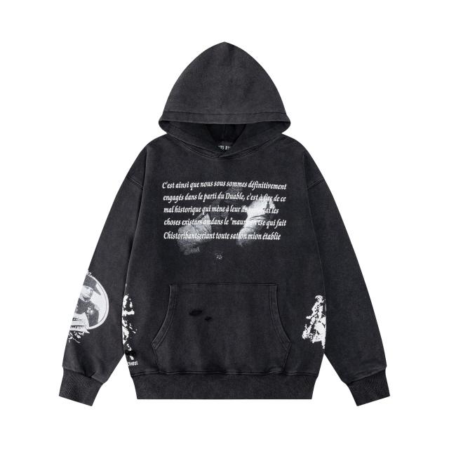 ERD Distressed Washed Black French Quote Napoleon Print Hoodie Vintage  Streetwear Hooded Sweatshir