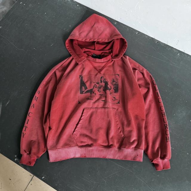 ERD Vintage Destroyed Red Graphic Hoodie Retro Streetwear Pullover
