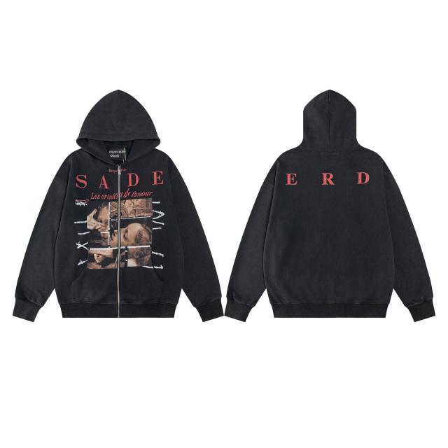 ERD Washed Black Zip Hoodie SADE Art Collage Print Grunge Streetwear Hoodie