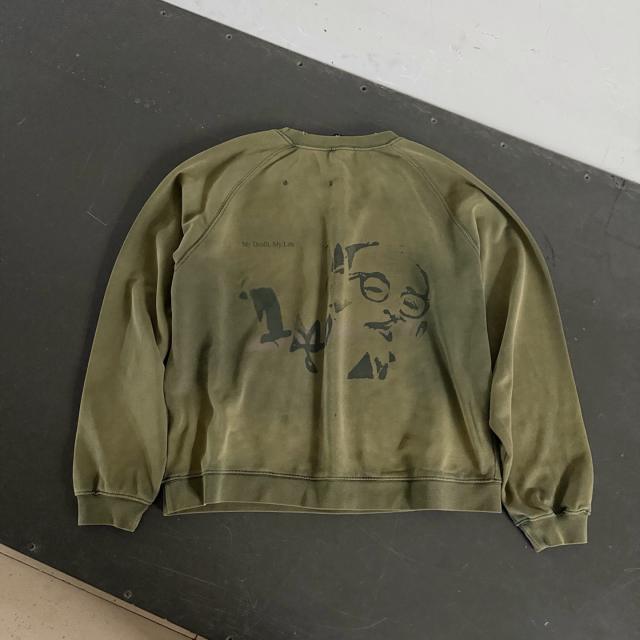 ERD Olive Vintage Crewneck ERD Abstract Skull Distressed Grunge Sweatshirt