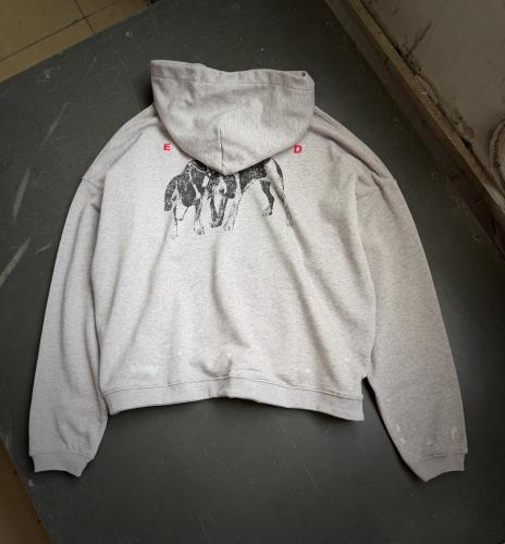 ERD Heather Gray Cropped Hoodie Vintage French Quote Photo Print Distressed Raw Neck Street Pullover Hoodie