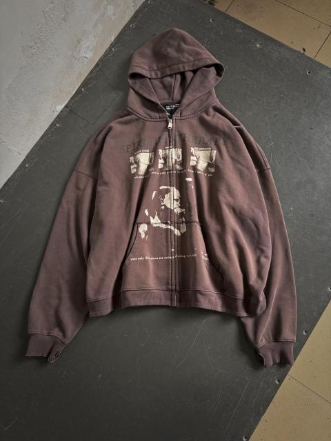ERD Distressed Brown Cropped Zip Hoodie Mugshot Spiritual Therapy Print Grunge Streetwear