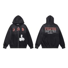 ERD Washed Black Zip Hoodie ERD Red Letter Portrait Print Grunge Streetwear